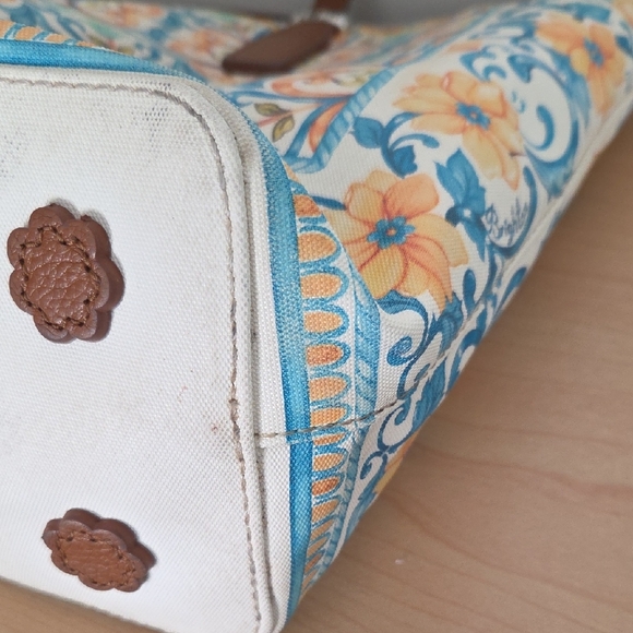 Brighton Floral Blue, Brown & Cream Tote w/leather straps & Zip Closure - Picture 11 of 16